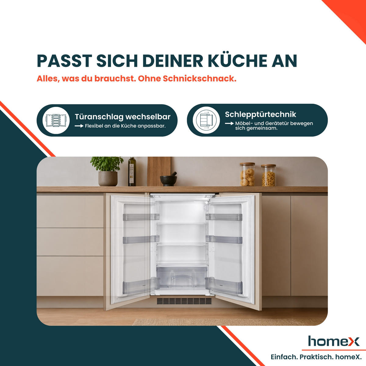KÜHLSCHRANK Einbau, ohne Gefrierfach, 88cm Nische, 129 Liter, Schlepptürtechnik, CB1291E - Weiß, Glas/Kunststoff (54/89/54cm) - homeX