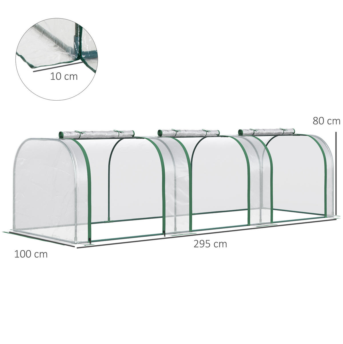 GEWÄCHSHAUS 295/100/80 cm Transparent aus Stahl mit 3 Reißverschlussfenstern - Transparent, Metall (100/80/295cm) - OKMYHOME