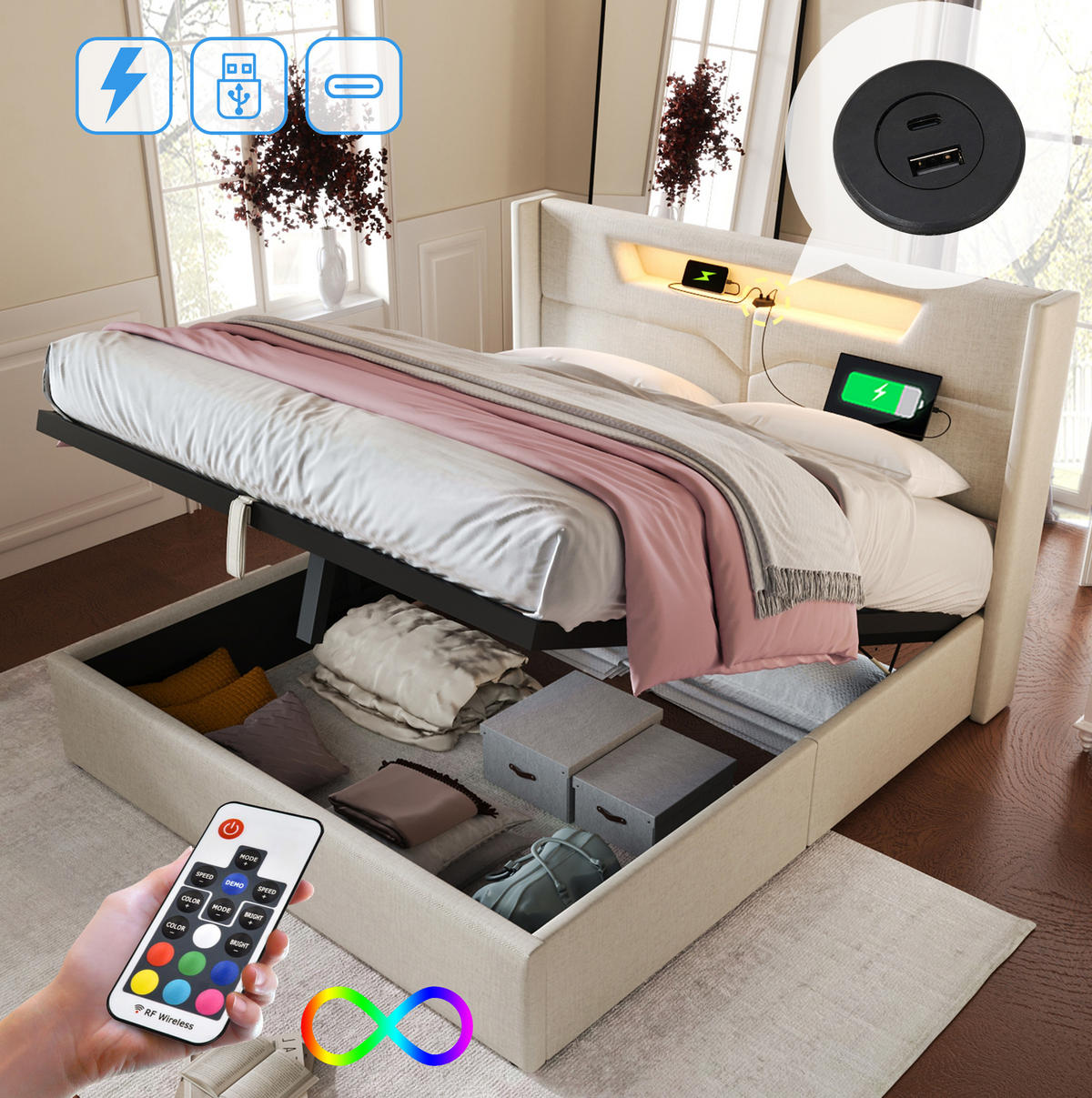 POLSTERBETT 160/200 cm aus Leinen mit LED und USB-C Ladefunktion Beige - Beige, Textil (160/200cm) - Modenvie