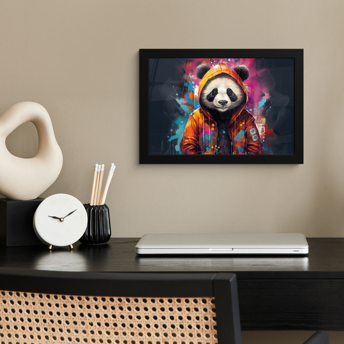 POSTER MIT RAHMENGERAHMTES BILD Panda - Jacke - Graffiti - Orange 30x20 cm - Orange, Papier (30/20cm) - MuchoWow