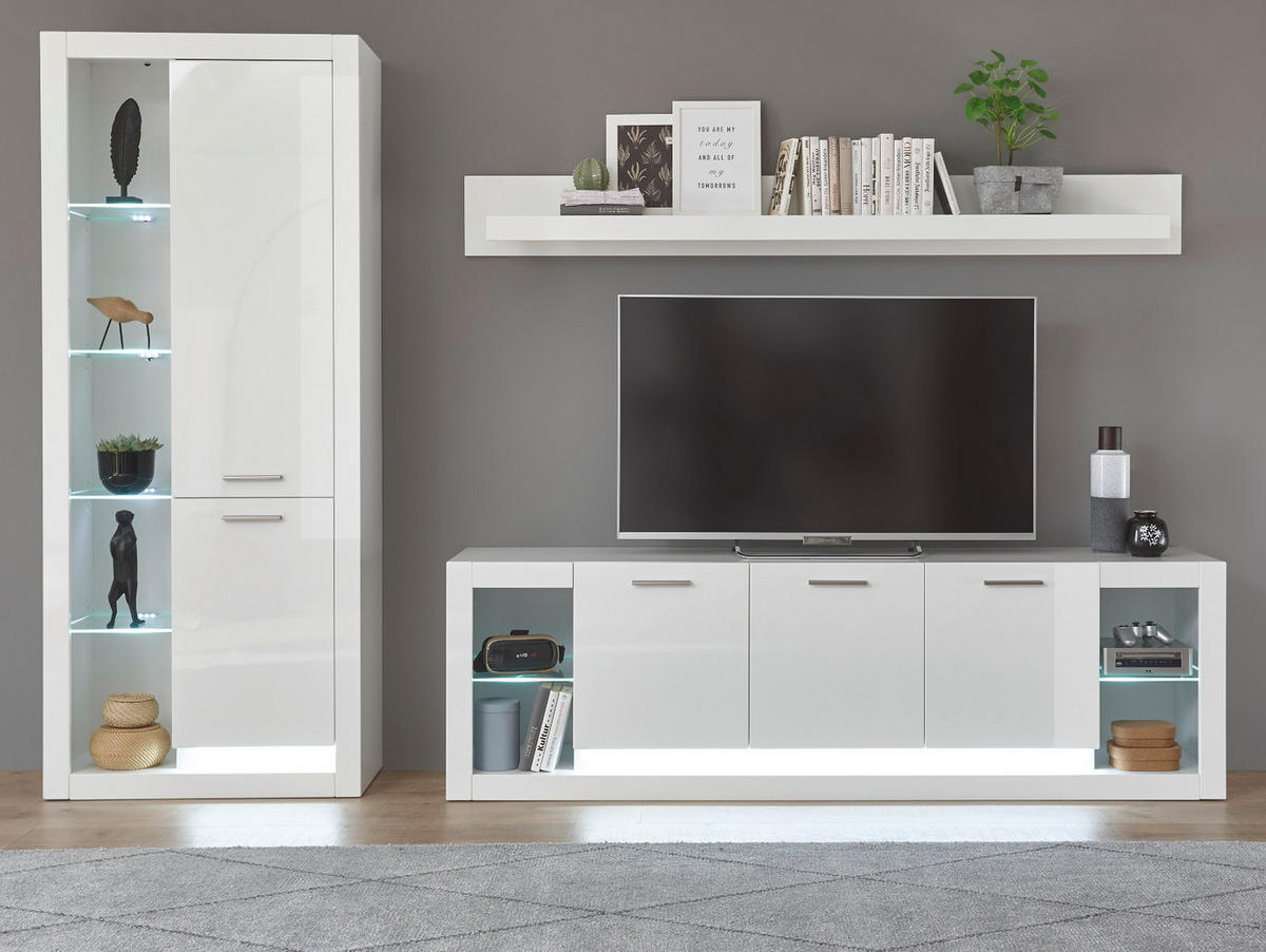 WOHNWAND 3-teilig weiß Hochglanz 298 cm, Schrankwand modernes Design - Weiß Hochglanz/Silberfarben, Glas/Holzwerkstoff (298/198/43cm) - Furn.Design