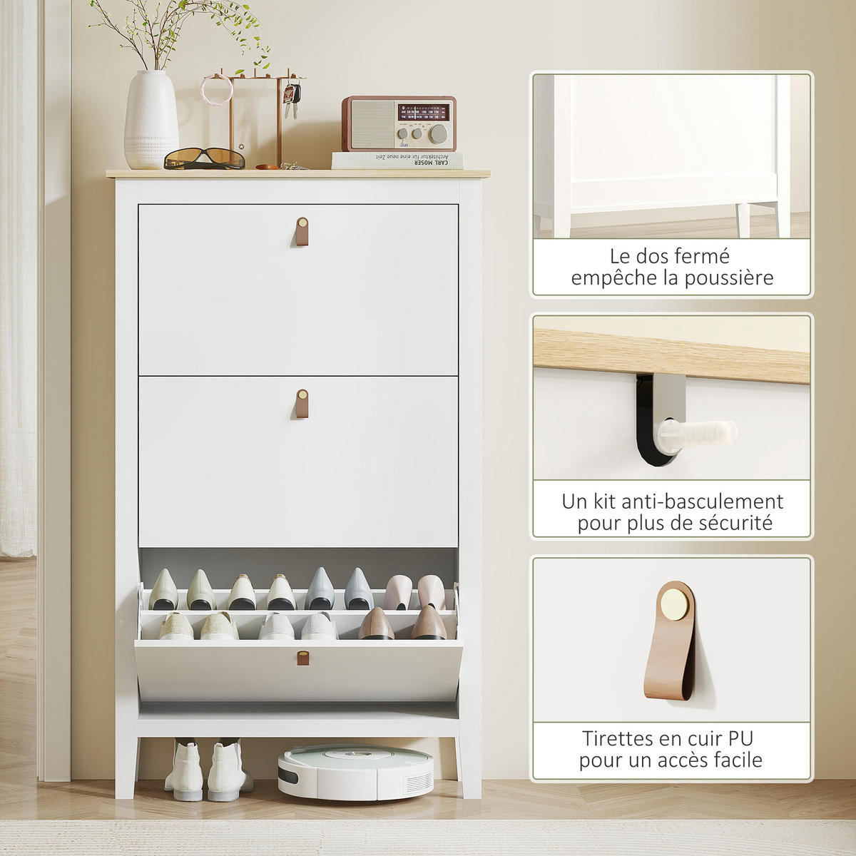 SCHUHSCHRANK,3 Klappschubladen herausnehmbare Böden für 21 Paar,weiß - Weiß, Holzwerkstoff (80/131/24cm) - Vallsero