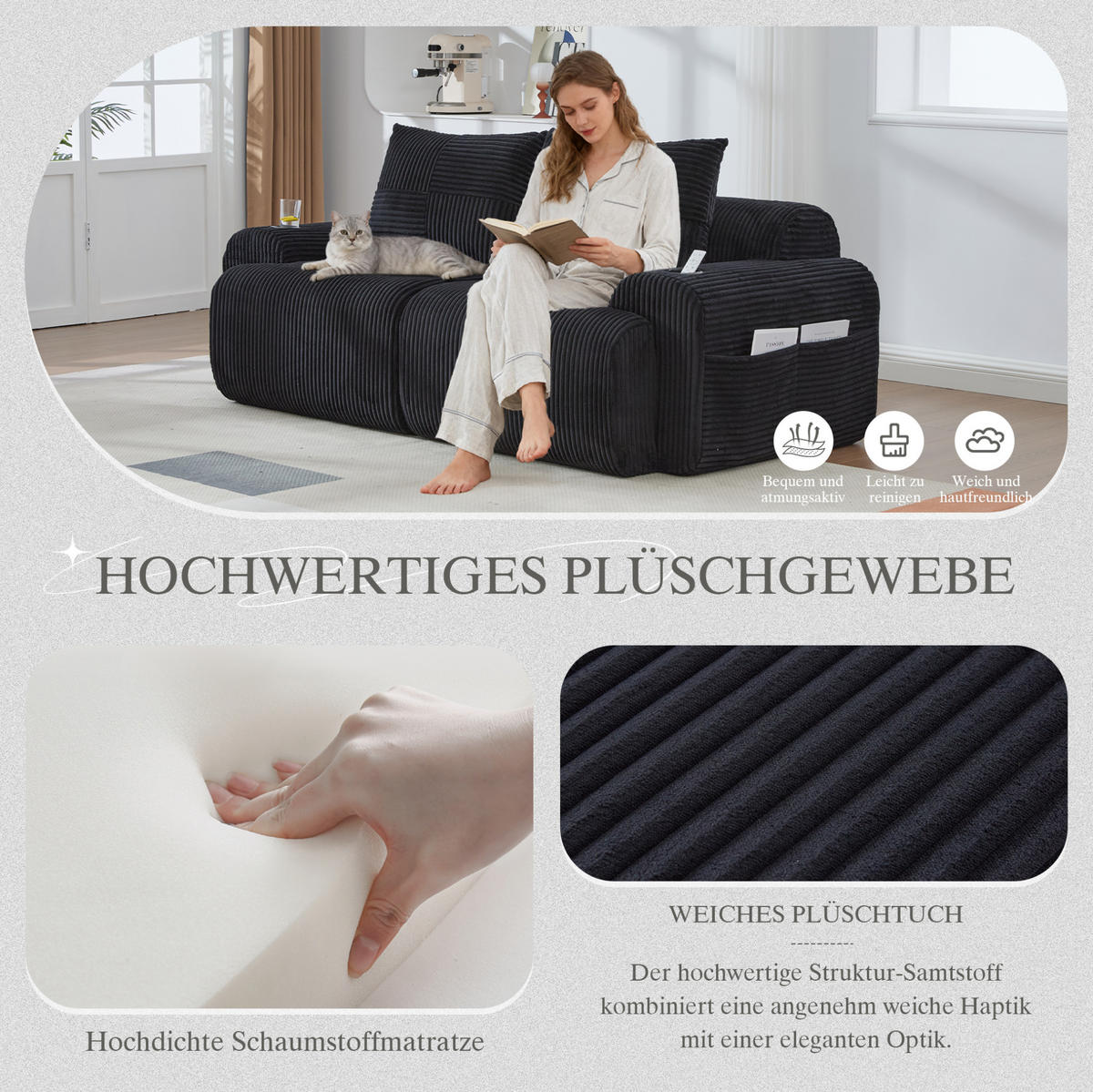 2-SITZER-SOFA 200/99/80 cm in Schwarz mit Cupholder und Seitentasche - Schwarz, Textil (99/80/200cm) - Flora Grace