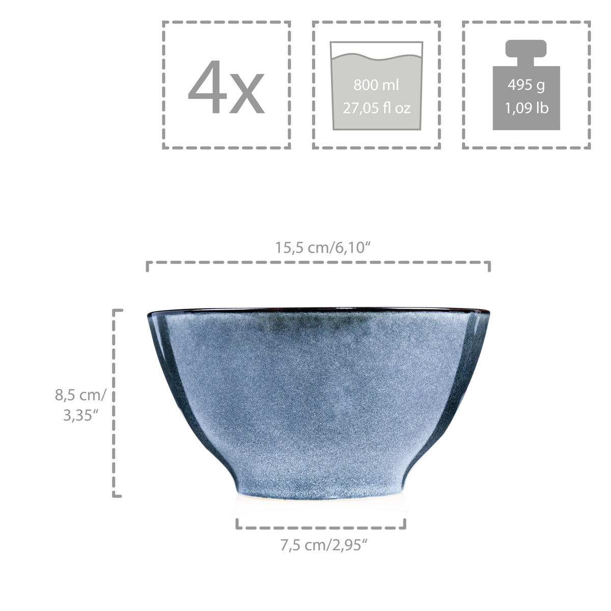 MÜSLISCHALEN SET DARWIN - 4 teilig aus Steingut - Blau, Keramik (15.5cm) - Sänger