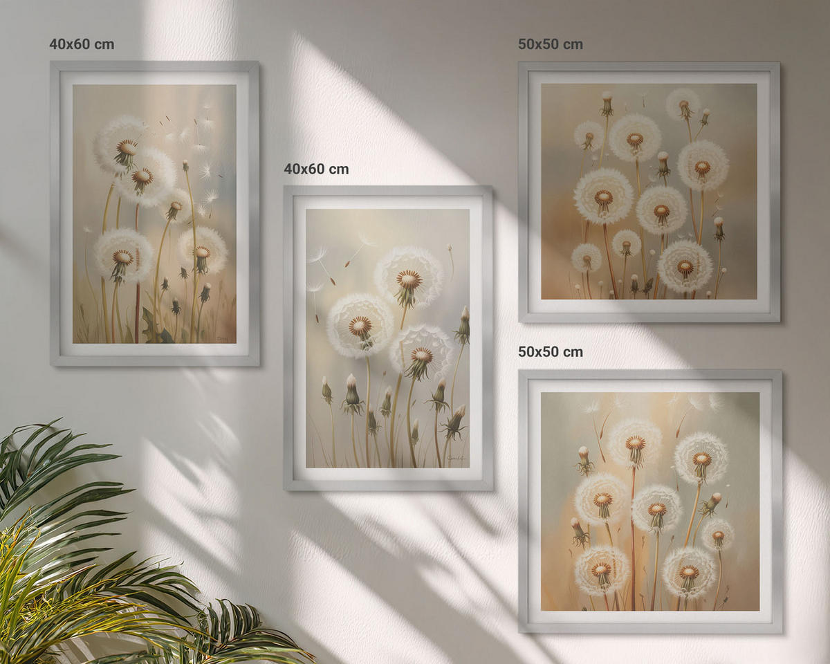 WANDBILDER 4er Set - 50x50 cm & 40x60 cm Silberner Rahmen - Weiße Löwenzahnblüten auf hellem Hintergrund - Silberfarben, Kunststoff (50/50cm) - ArtPrintCave