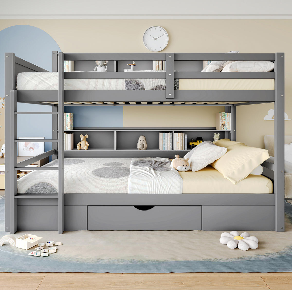 ETAGENBETT 90/200 cm Grau mit Schublade und Ablagen - Grau, Holz (90/200cm) - Flora Grace