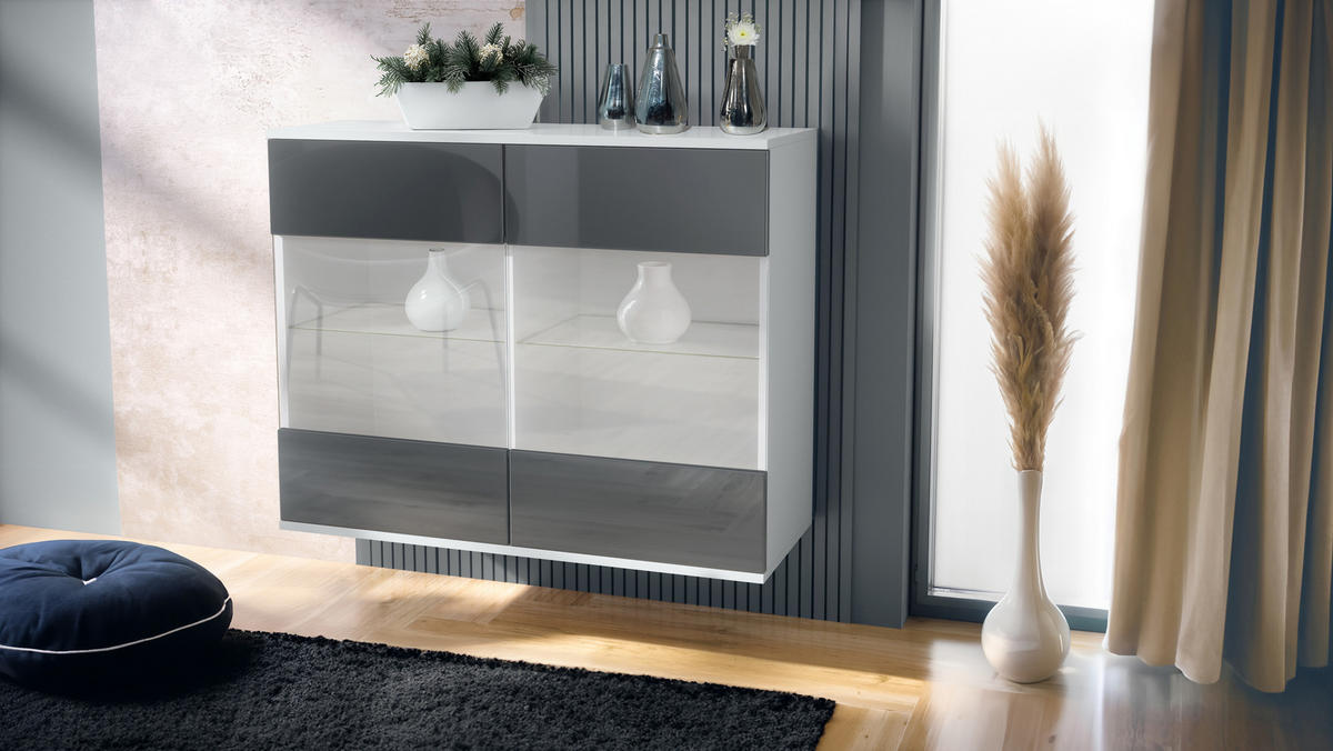 KOMMODE Bari Grau Hochglanz - Grau, Holzwerkstoff (92.5/73.5/35cm) - Vladon