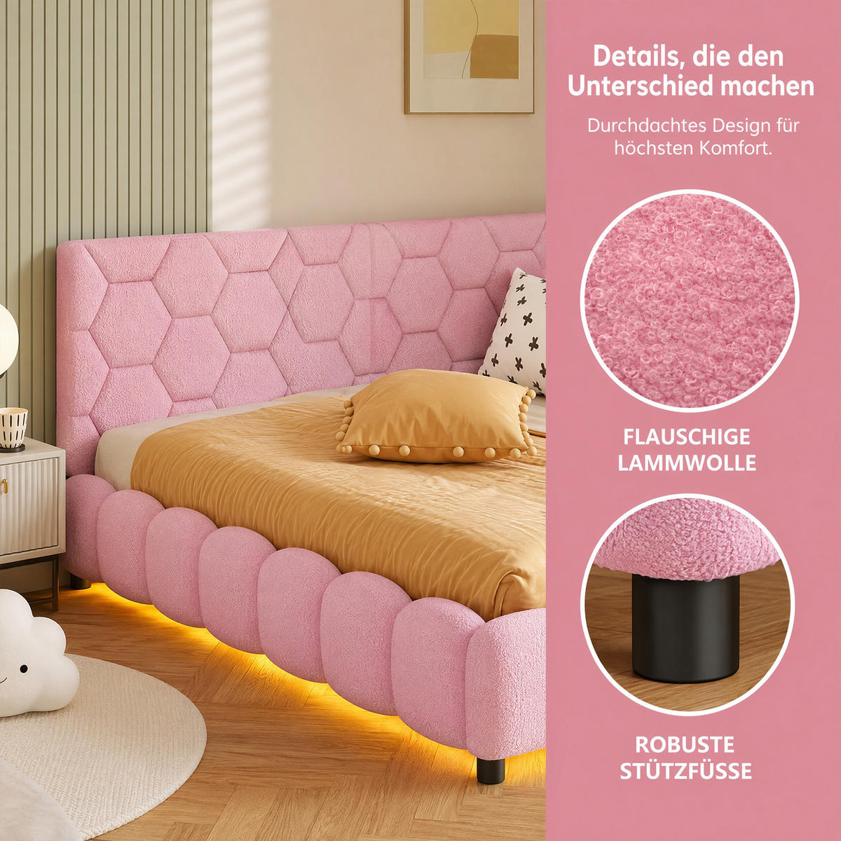 POLSTERBETT 140x200 mit USB und LED, Doppelbett 140x200 cm mit Lattenrost, Jugendbett, Samt, Rosa - Pink, Holz/Textil (140/200cm) - GENKI LIVING