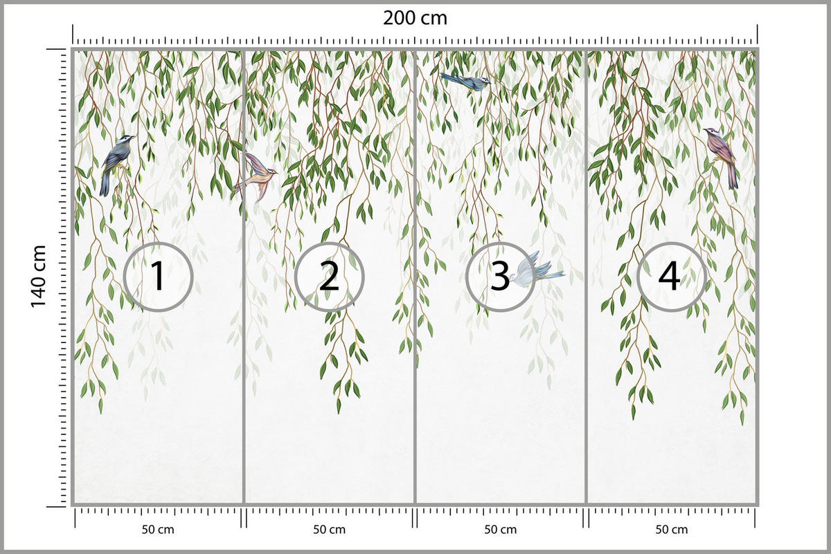 FOTOTAPETE für Schlafzimmer Trauerweide Äste Vögel Frühling Blätter 200x140 - Blau/Beige, Papier (200/140cm) - Muralo