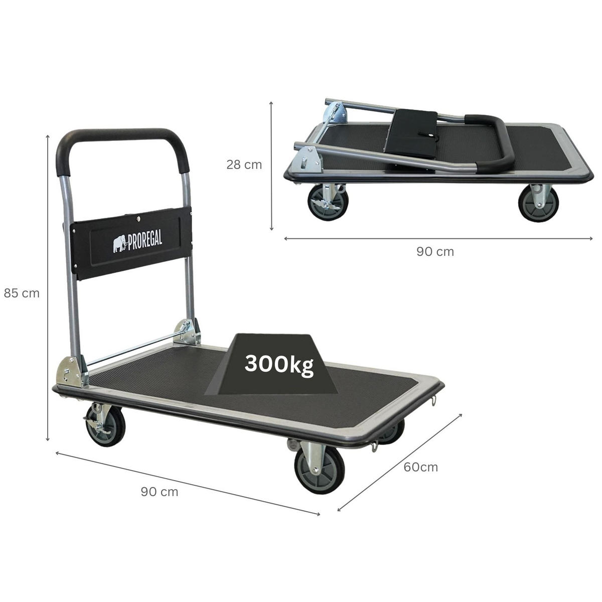 PLATTFORMWAGEN Transportwagen Rhino 300kg klappbar mit Gummiräder & Werkzeugtasche - Schwarz, Metall (90/60/85cm) - PROREGAL