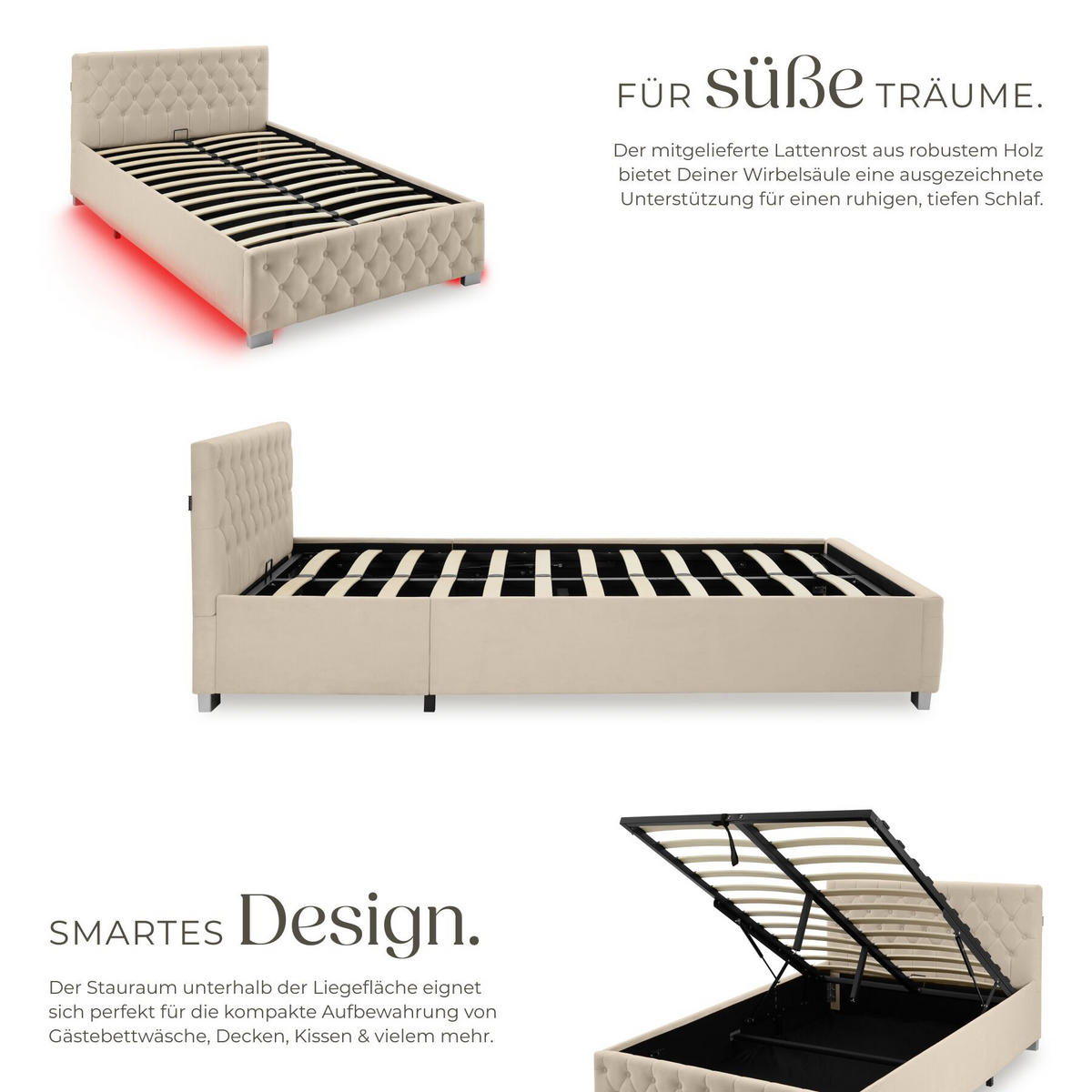 POLSTERBETT Sedona, großer Stauraum, Samtoptik sand - Gelb/Samtahornfarben, Holz (120/200cm) - tectake