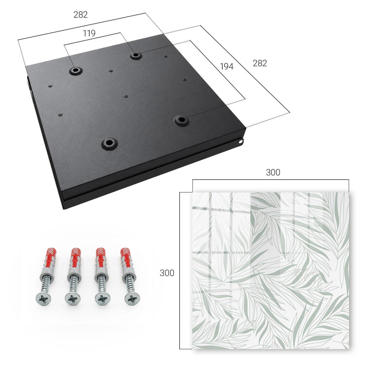 SCHLÜSSELBOX Schwarz 30x30 cm- Türöffnung nach rechts - Blättermuster - Grau, Metall (30/30/5cm) - TULUP