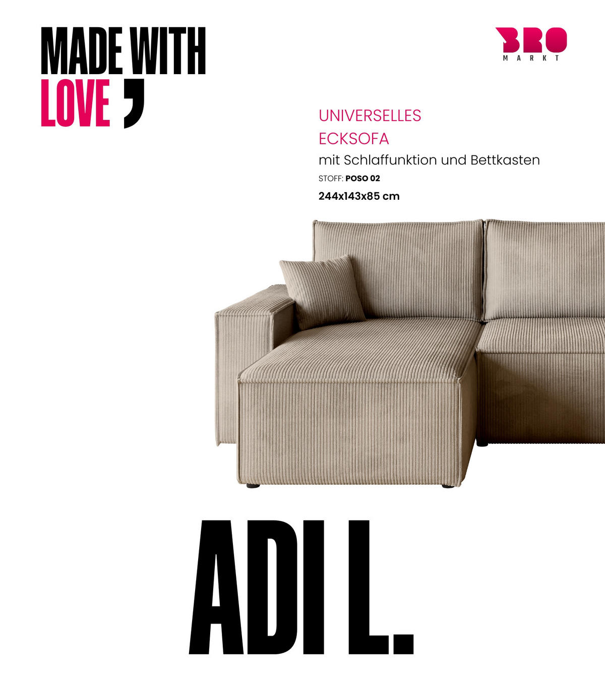 ECKSOFA ADI mit Schlaffunktion Beige Cord - Beige, Textil (244/143cm) - Bromarkt