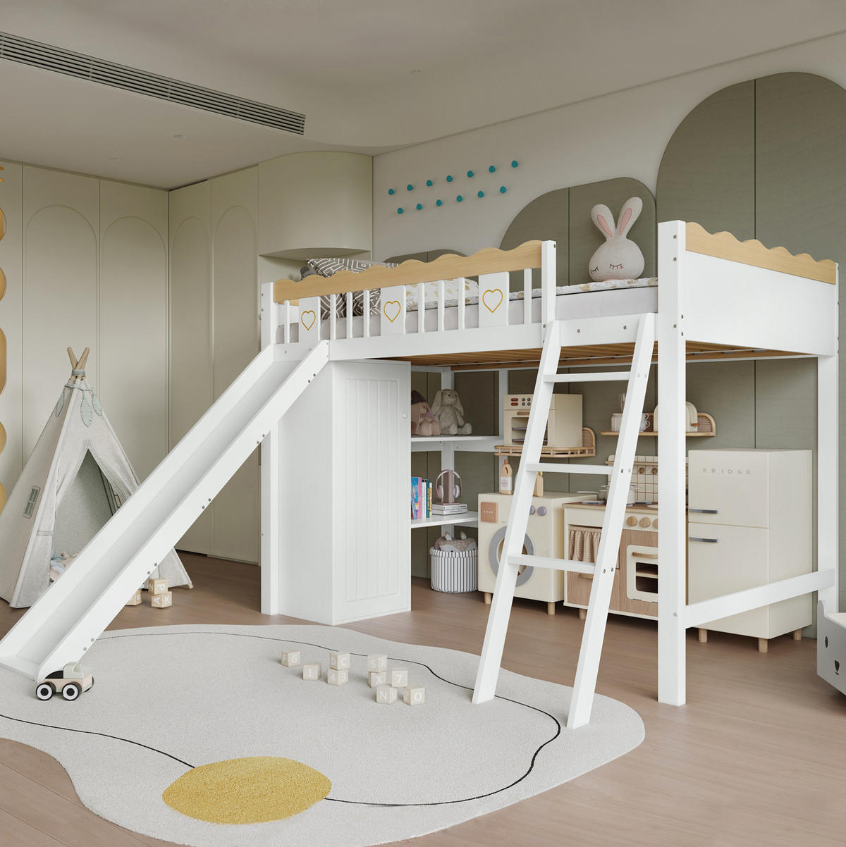 HOCHBETT 90/200 cm Weiß Natur mit Kinderrutsche, Kleiderschrank und Ablageschrank ohne Matratze - Weiß, Holz (90/200cm) - MIVRAY