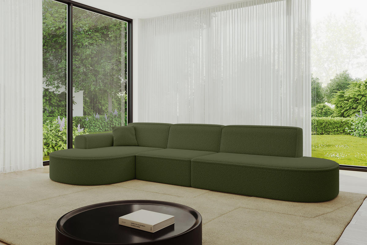 ECKSOFA Ottomane Links MARI-L2 - 328x171x79 cm Grün Bouclé - Schwarz/Grün, Holzwerkstoff/Kunststoff (165/321cm) - ALTDECOR