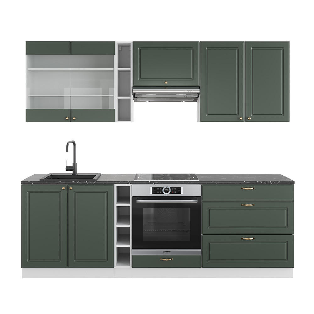KÜCHENZEILE Fame-Line Grün-Gold Landhaus/Weiß 235 cm, AP Anthrazit - Weiß/Grün, Holzwerkstoff (235/81.6/60cm) - Vicco