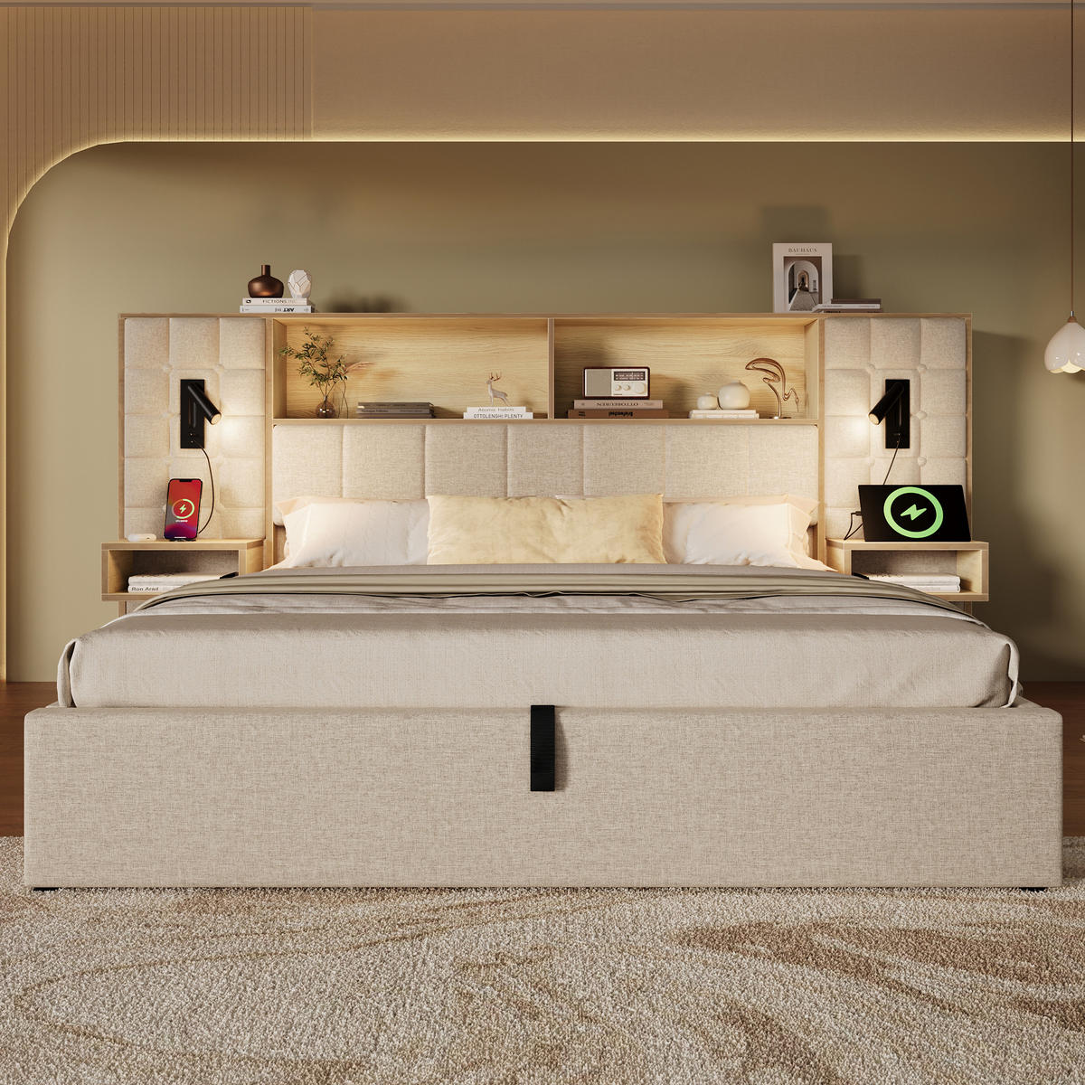 POLSTERBETT 180/200 cm Beige mit LED, 2 Leselampen und 2 integrierte Nachttische - Beige, Textil (180/200cm) - Oxeza