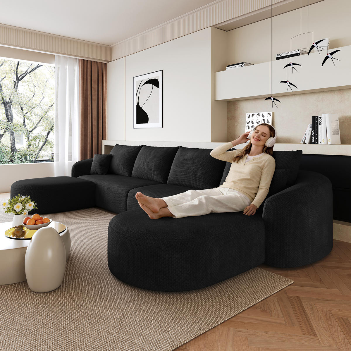 WOHNLANDSCHAFT Schwarz 336/168/85 cm 6-Sitzer Modular - Schwarz, Textil (336/85/168cm) - PANGIVO
