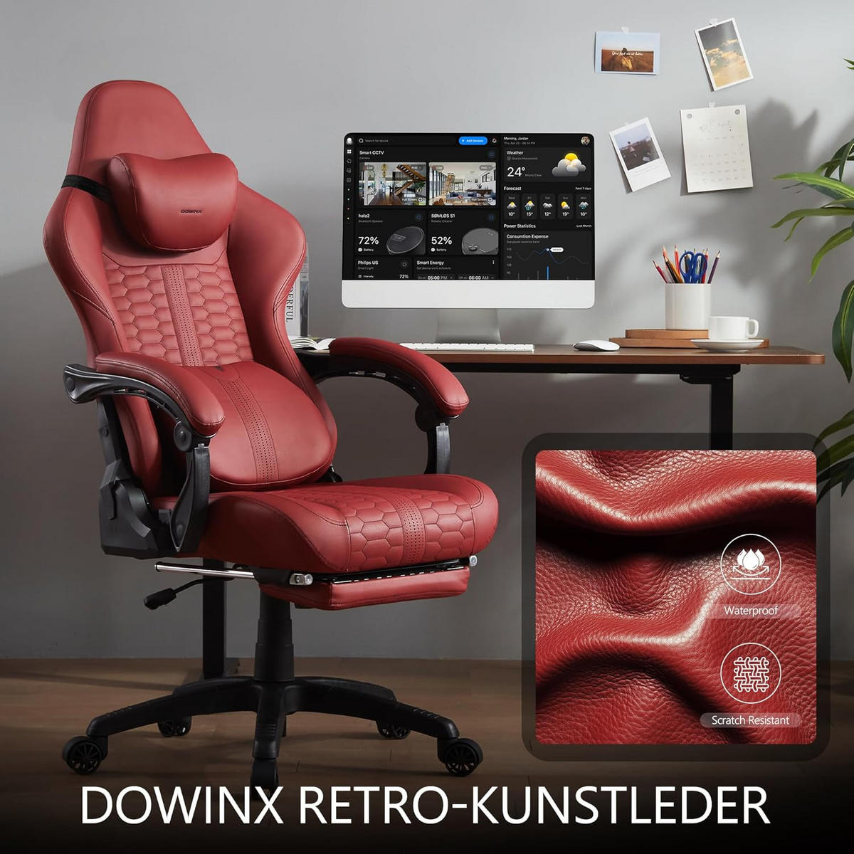 GAMING-STUHL & hoher Rückenlehne, Massagefunktion PU-Leder - Rot, Leder (61/117/61cm)