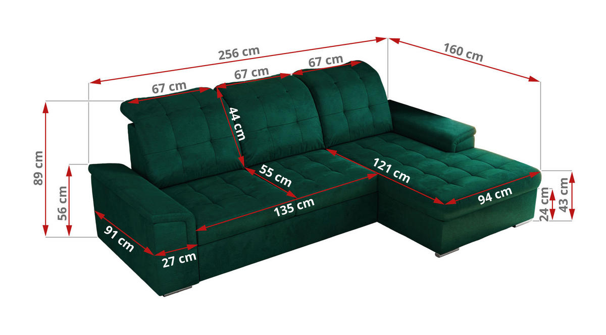 ECKSOFA MADRITO L - DunkelGrün Velorus - Links - Dunkelgrün/Silberfarben, Textil/Metall (160/256cm)