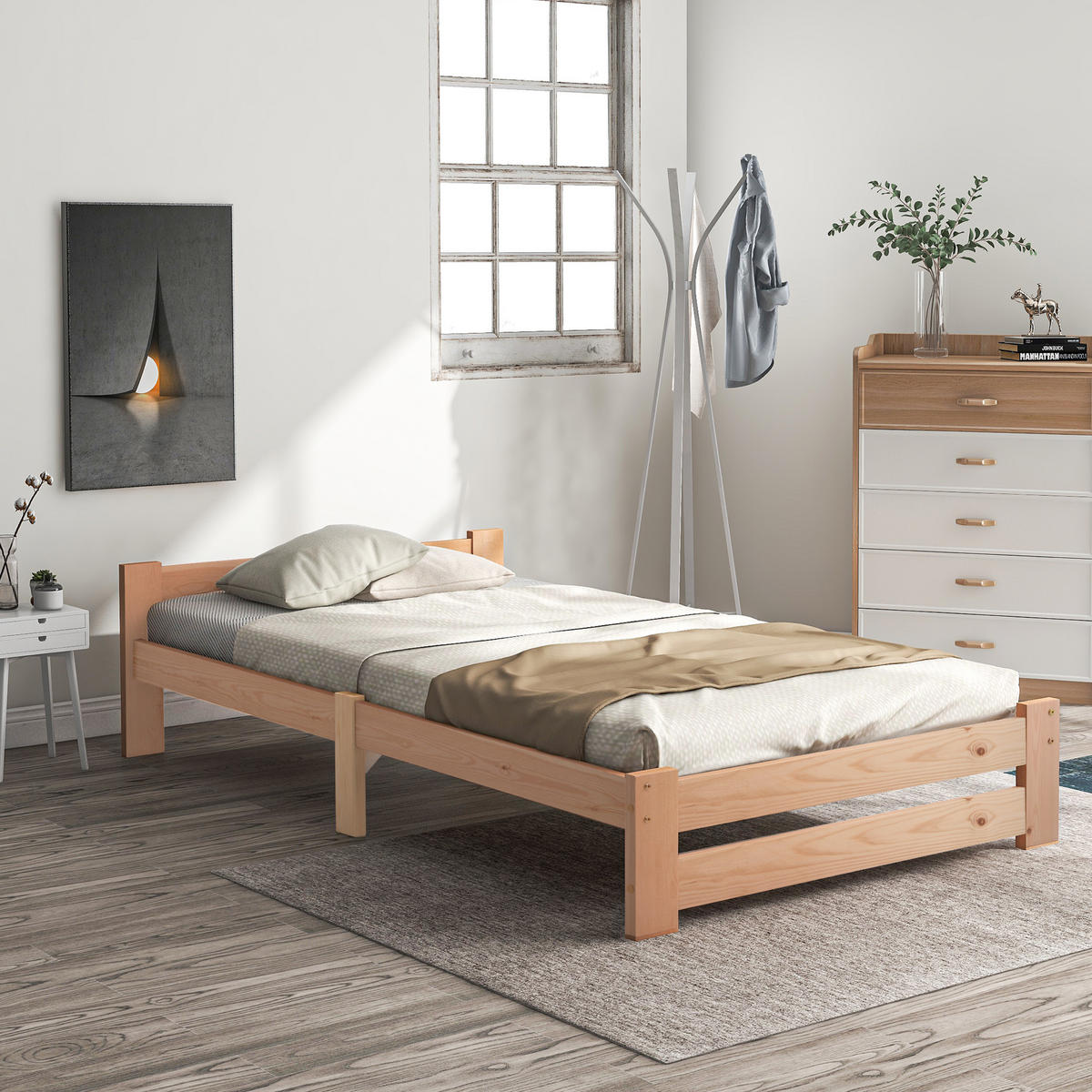 BETT 90/200 cm Natur aus Kiefer mit Kopfteil und Lattenrost - Naturfarben, Holz (90/200cm) - OKWISH