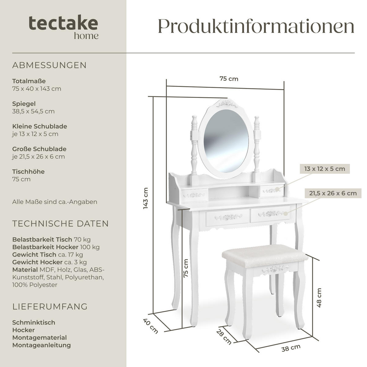 SCHMINKTISCH ,75 x 40 x 143 cm,weiß - Weiß, Holz (40/143/75cm) - tectake