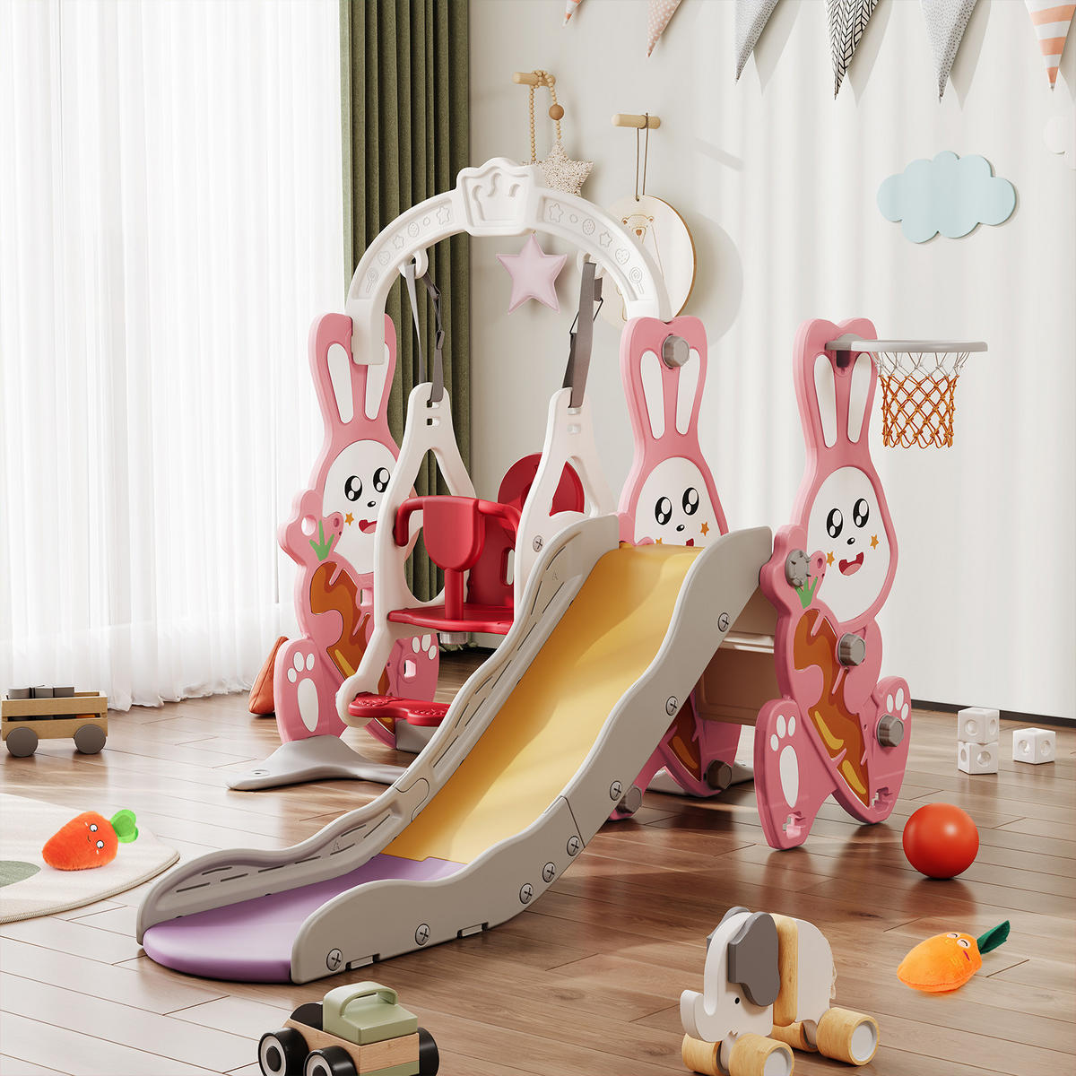 4-IN-1 RUTSCHBAHN Kinder Kaninchen Rosa Mit Schaukel & Basketball - Rosa, Holz (153/118/170cm)