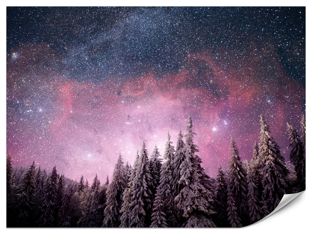 FOTOTAPETE für Schlafzimmer Verzauberter Tannenwald Winter Aurora 500x350 - Violett/Schwarz, Papier (500/350cm) - Muralo