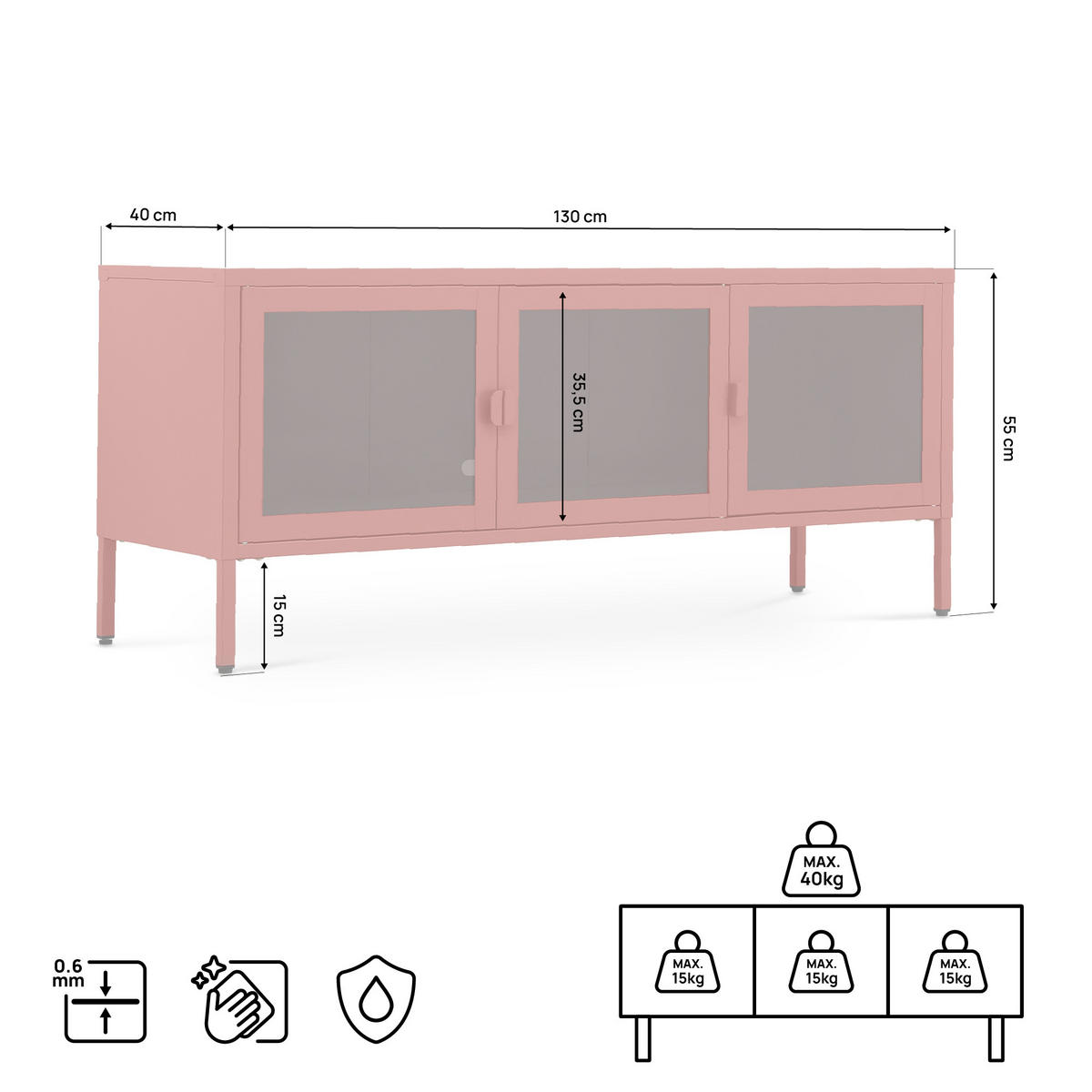 TV-STÄNDER Metall industriell EZRA, 130 cm, 3 Türen, Terrakotta und Sicherheitsglas - Terracotta, Metall (130/55/40cm) - Sicaan