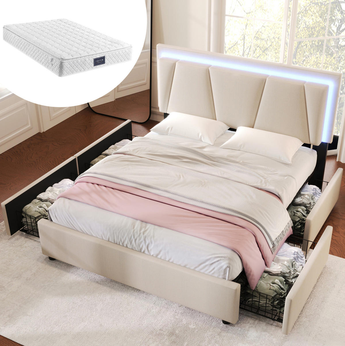 POLSTERBETT aus Leinen 160x200 cm in Beige mit LED-Beleuchtung & Matratze - Beige, Textil (160/200cm) - Modfu