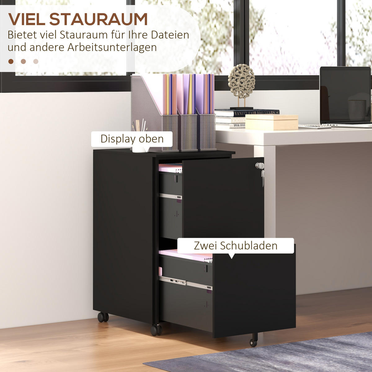 AKTENSCHRANK mit 2 Schubladen, Rollen, für A4 Akten, Dokumente, Stahl, Schwarz - Schwarz, Metall (43.5/67.5/37cm) - Vinsetto