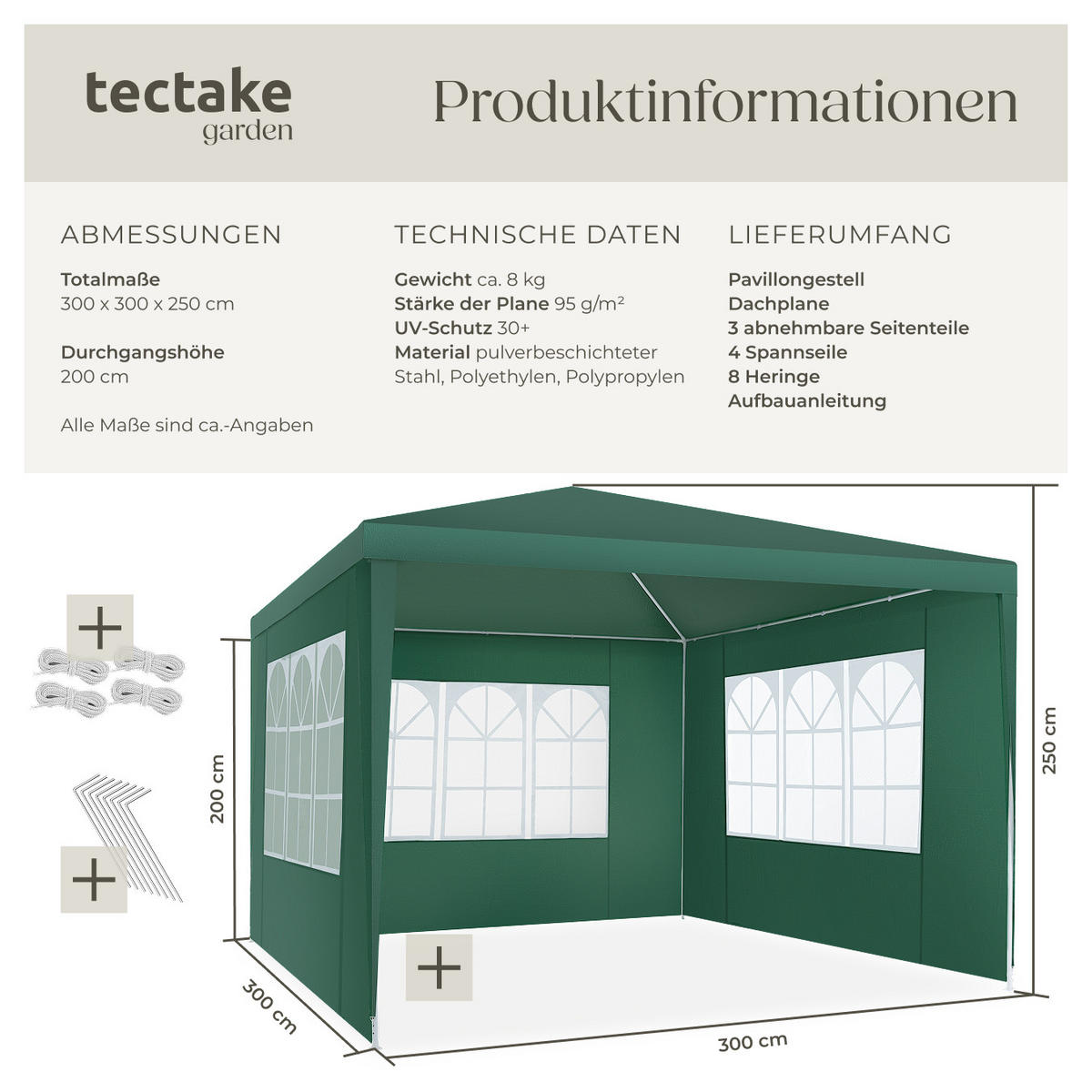PAVILLON Barinas,wasserdicht,grün - Grün, Kunststoff (300/250/300cm) - tectake