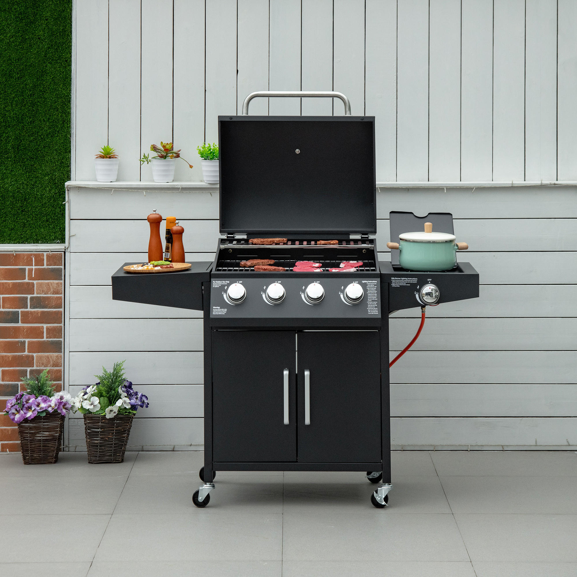 GASGRILL BBQ mit 3 Brennern je 3 kw mobiler Grillwagen mit 4 Rädern Metall Schwarz 132,4cm x 55cm x 109cm - Schwarz, Metall (55/109/132.4cm) - Outsunny