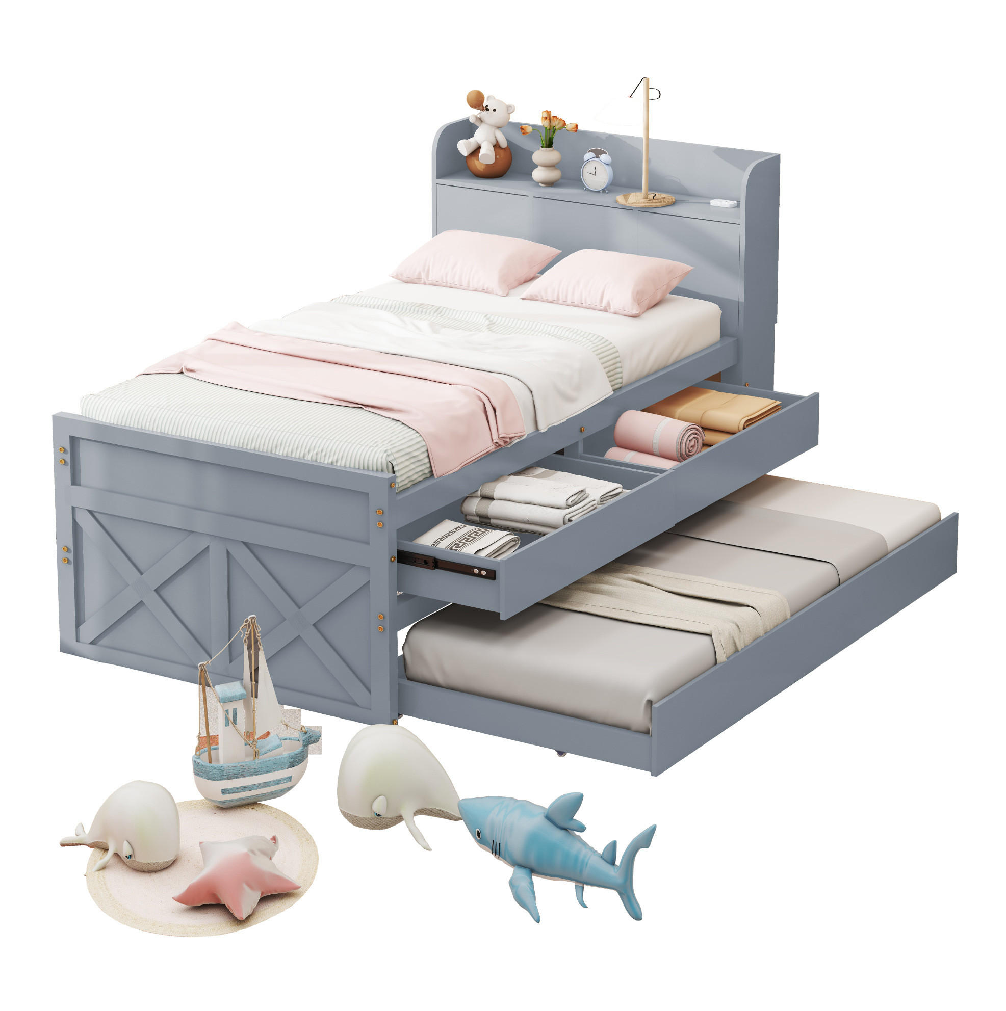 HOLZBETT 90/190 cm in Grau – mit USB, Ausziehbett, 2 Schubladen & Lattenrost - Grau, Holz (90/200cm) - BEAOK