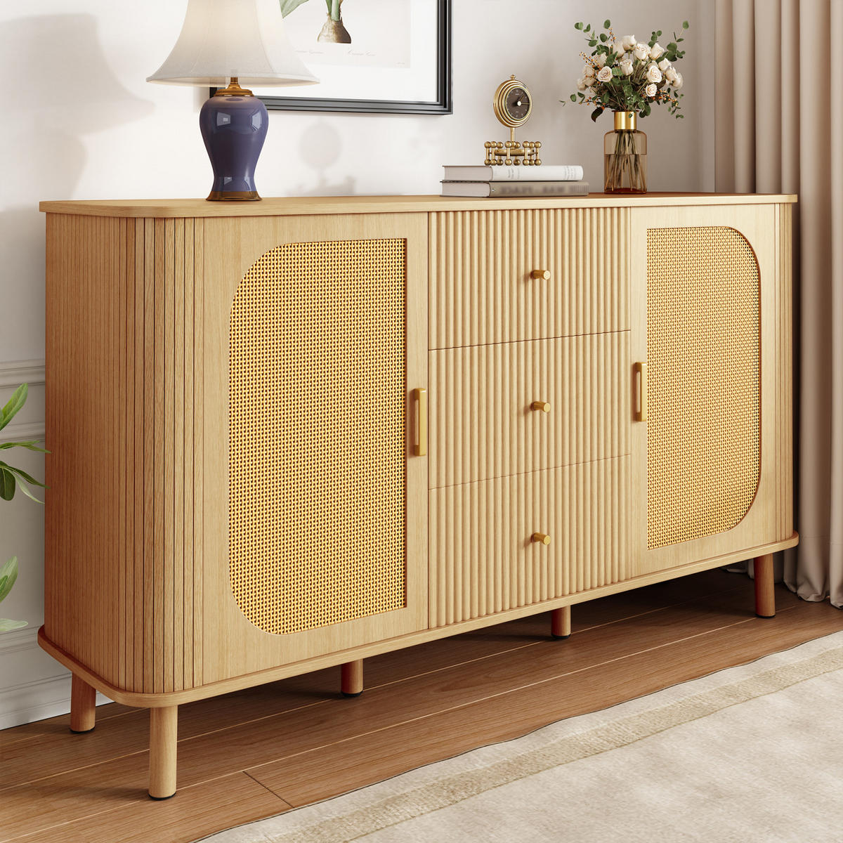 SIDEBOARD 140x40x80 cm, Rattanoptik, Schubladen, gebogen - Kastanienfarben, Holz (140/80/40cm)