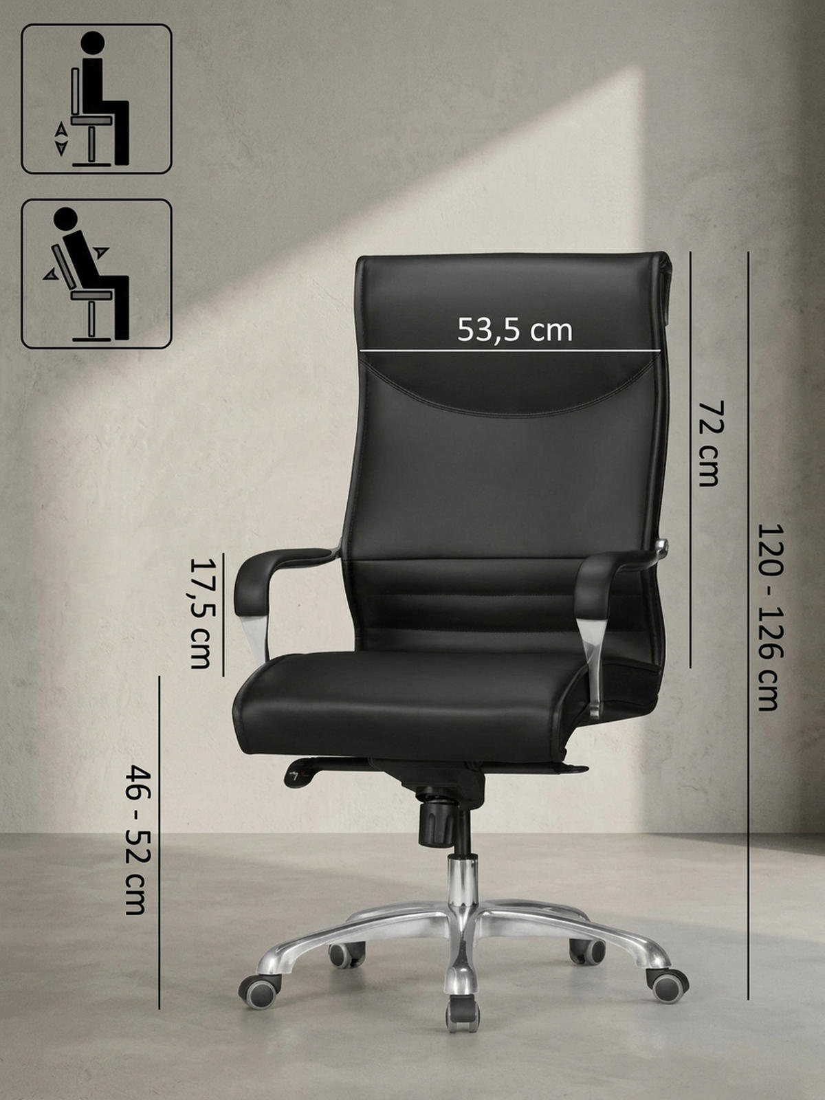 CHEFSESSEL XXL Kunstleder ergonomisch höhenverstellbar bis 150 kg VENGA, Schwarz 61x60x126 cm - Silberfarben/Schwarz, Kunststoff/Textil (61/126/60cm) - KADIMA DESIGN