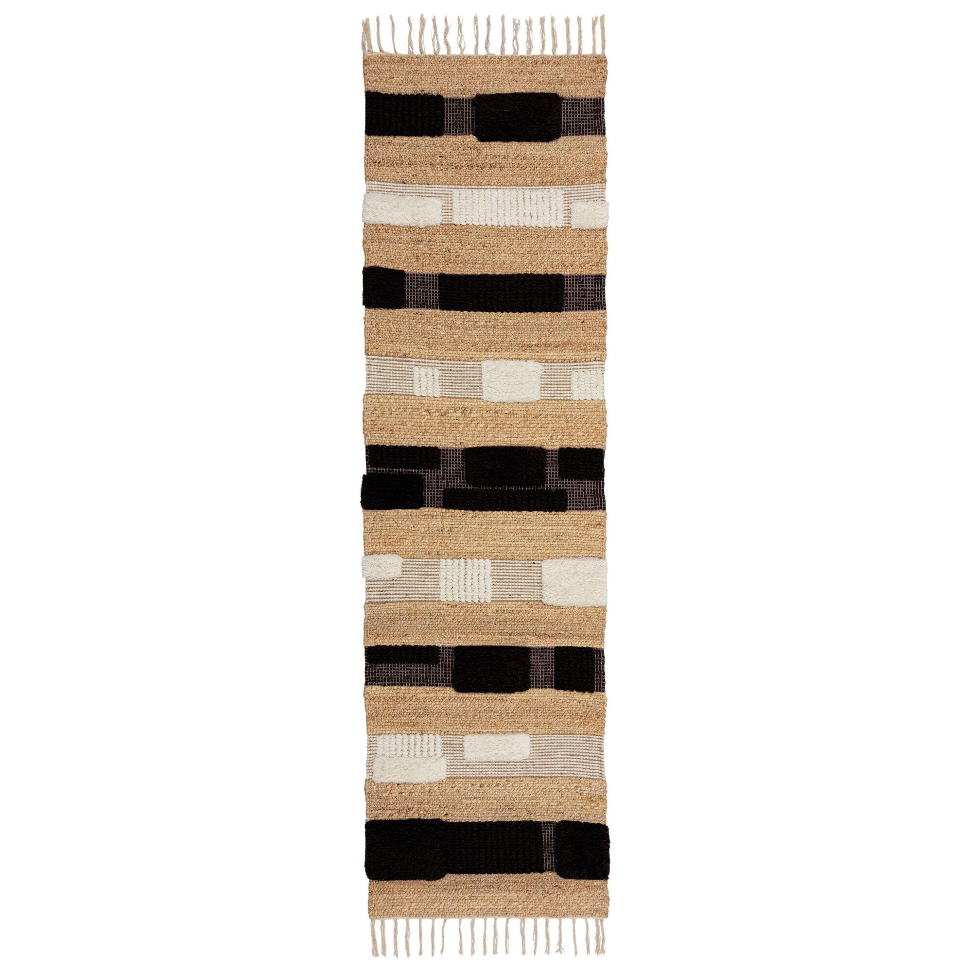 TEPPICH Hoch-Tief Struktur Gestreift, Patchwork-Optik, mit Fransen wendbar, Esszimmer schmutzabweisend Natur-Schwarz Läufer 60x230 - Beige, Textil (60/230cm) - KADIMA DESIGN