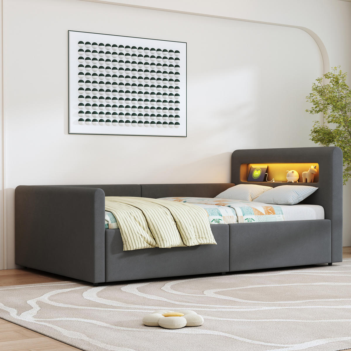 POLSTERBETT Kinderbett 90/200 cm Dunkelgrau mit LED-Licht und Hydraulischem Stauraum aus Samt - Grau, Textil (90/200cm) - OKWISH