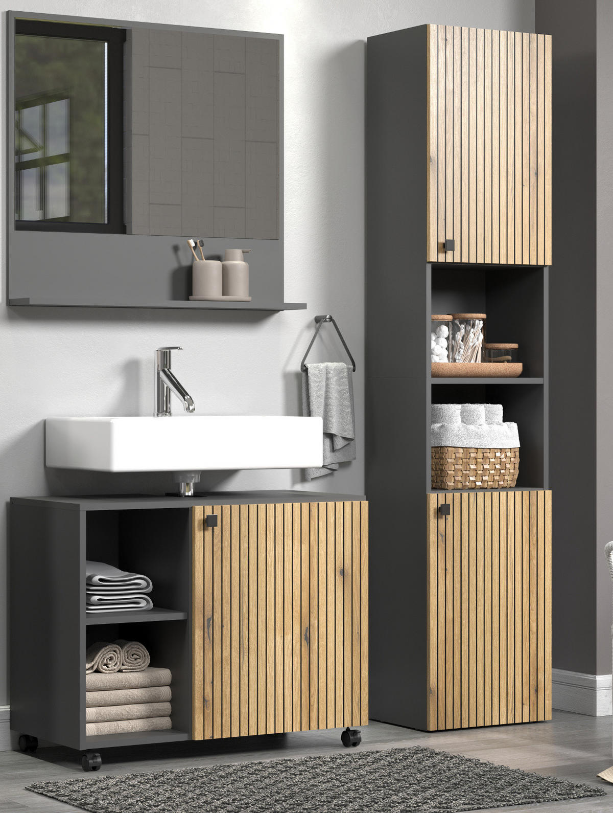 HOCHSCHRANK Evoke Eiche, grau 40 x 186 cm, Badschrank in modernem Design - Eichefarben/Anthrazit, Holzwerkstoff/Metall (40/186/31cm) - Top.Furn