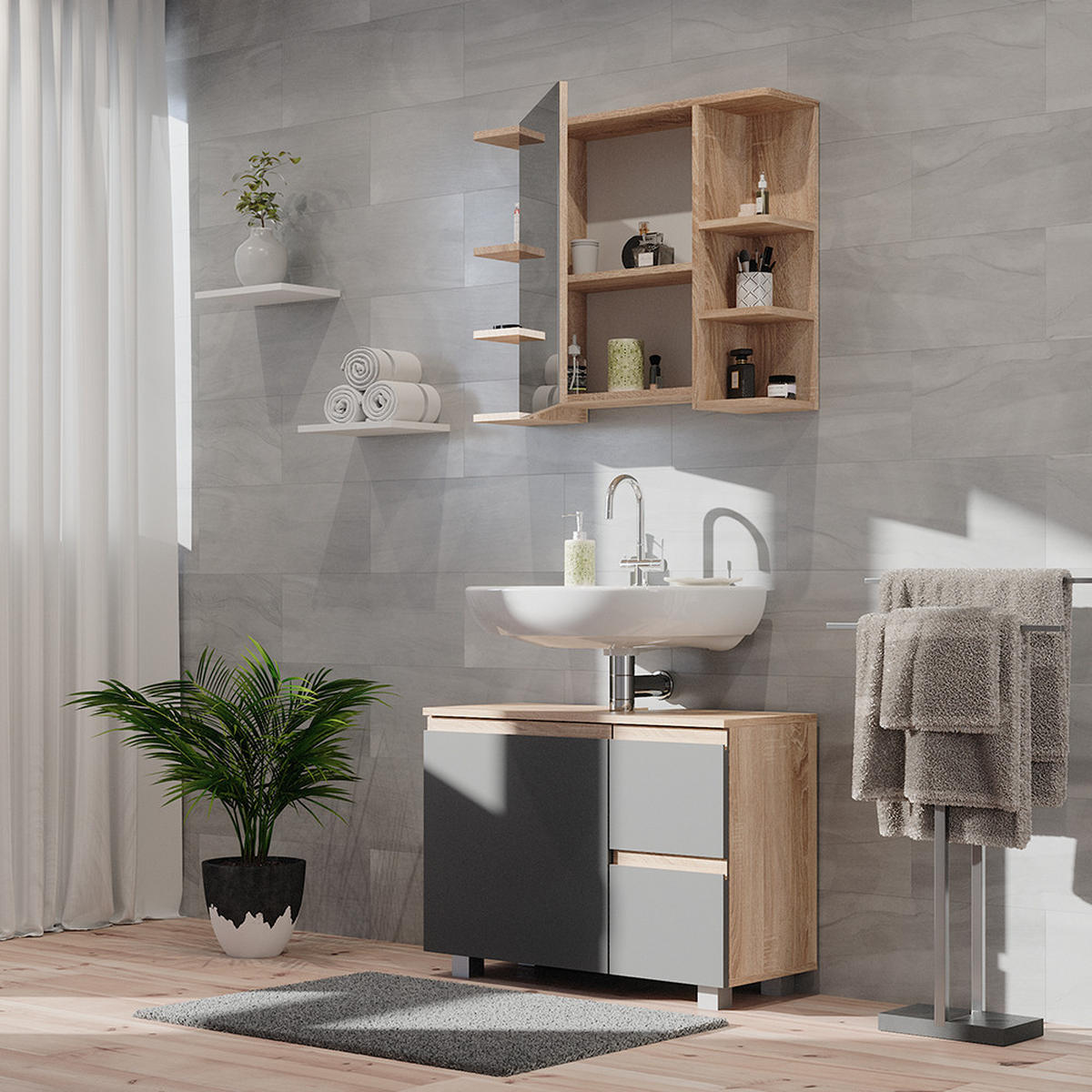 BADSPIEGELSCHRANK Fynn Sonoma 79.6 x 64 cm - Sonoma Eiche, Holzwerkstoff (79.6/64/21.2cm) - Vicco