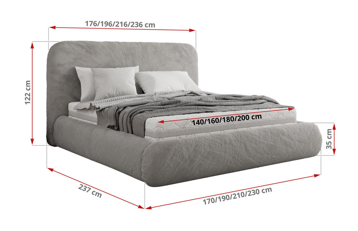 POLSTERBETT BENEA CLASSIC 160/200 - Hellgrau Plüsch - Pocket-Matratze - Hellgrau, Textil (160/200cm) - MKS