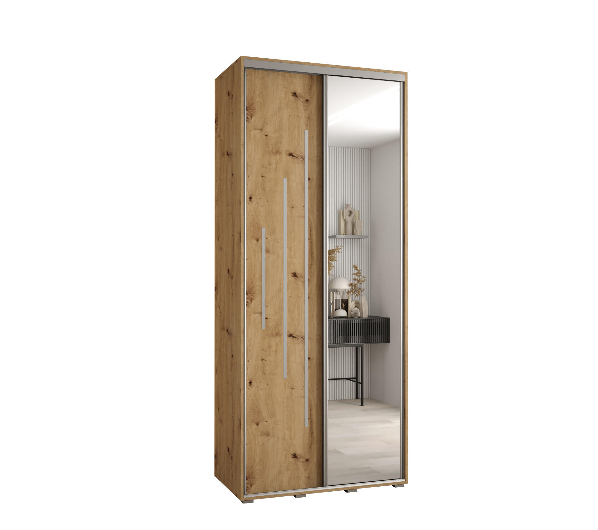 SCHWEBETÜRENSCHRANK 235,2/100/60 2-türig - Silberfarben/Eiche Artisan, Holz/Metall (100/235/60cm) - Abiks Möbel