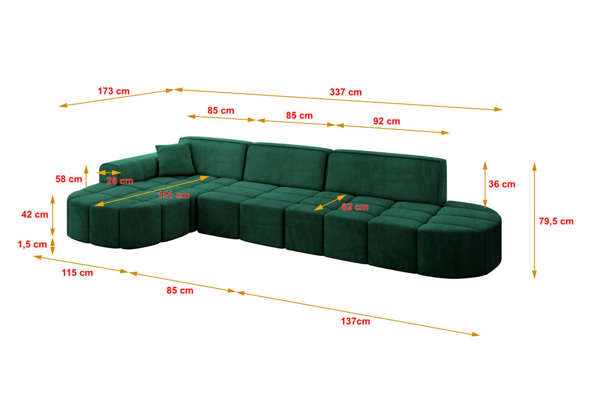 ECKSOFA Ottomane Rechts LIVO-L2 - 337x173x79,5 cm Grau - Grau, Holzwerkstoff/Textil (337/173cm) - ALTDECOR