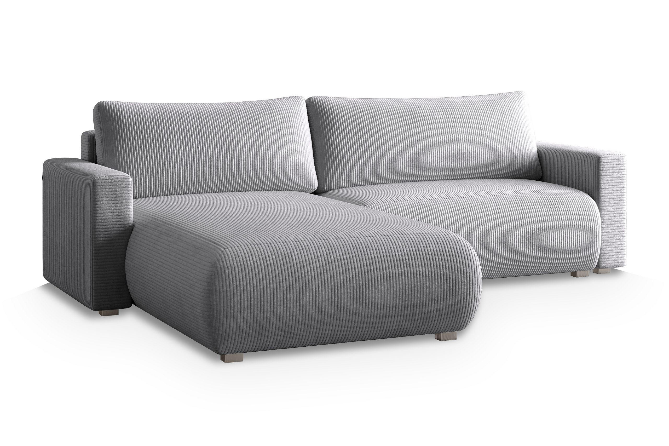 ECKSOFA TURIN P Hellgrau Kordstoff mit Schlaffunktion - Hellgrau, Holz (265/183cm) - MASSENO