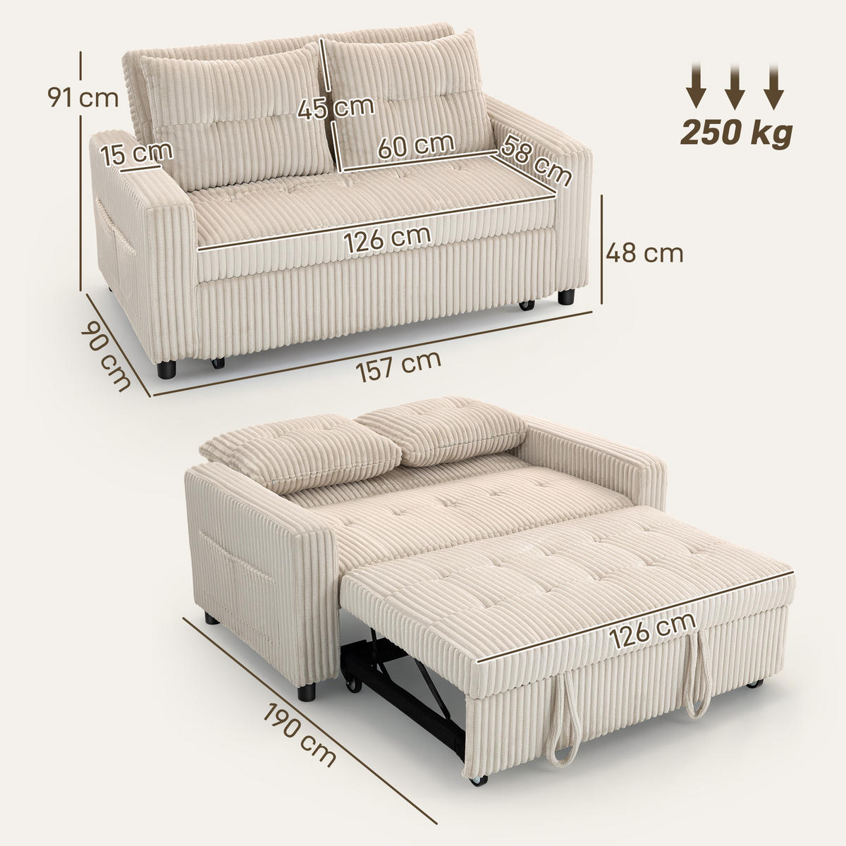 SCHLAFSOFA, 2-Sitzer Sofa 157x190cm mit Schlaffunktion, Verstellbare Rückenlehne - Creme/Schwarz, Kunststoff/Textil (90/91/157cm) - HOMCOM