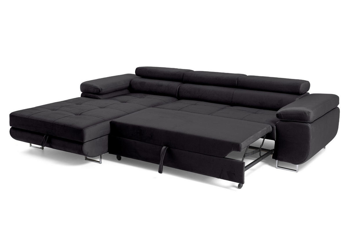 ECKSOFA ALONZO L Links mit Schlaffunktion 125x195 Velours Schwarz - Silberfarben/Schwarz, Holz/Textil (275/203cm) - Muffo