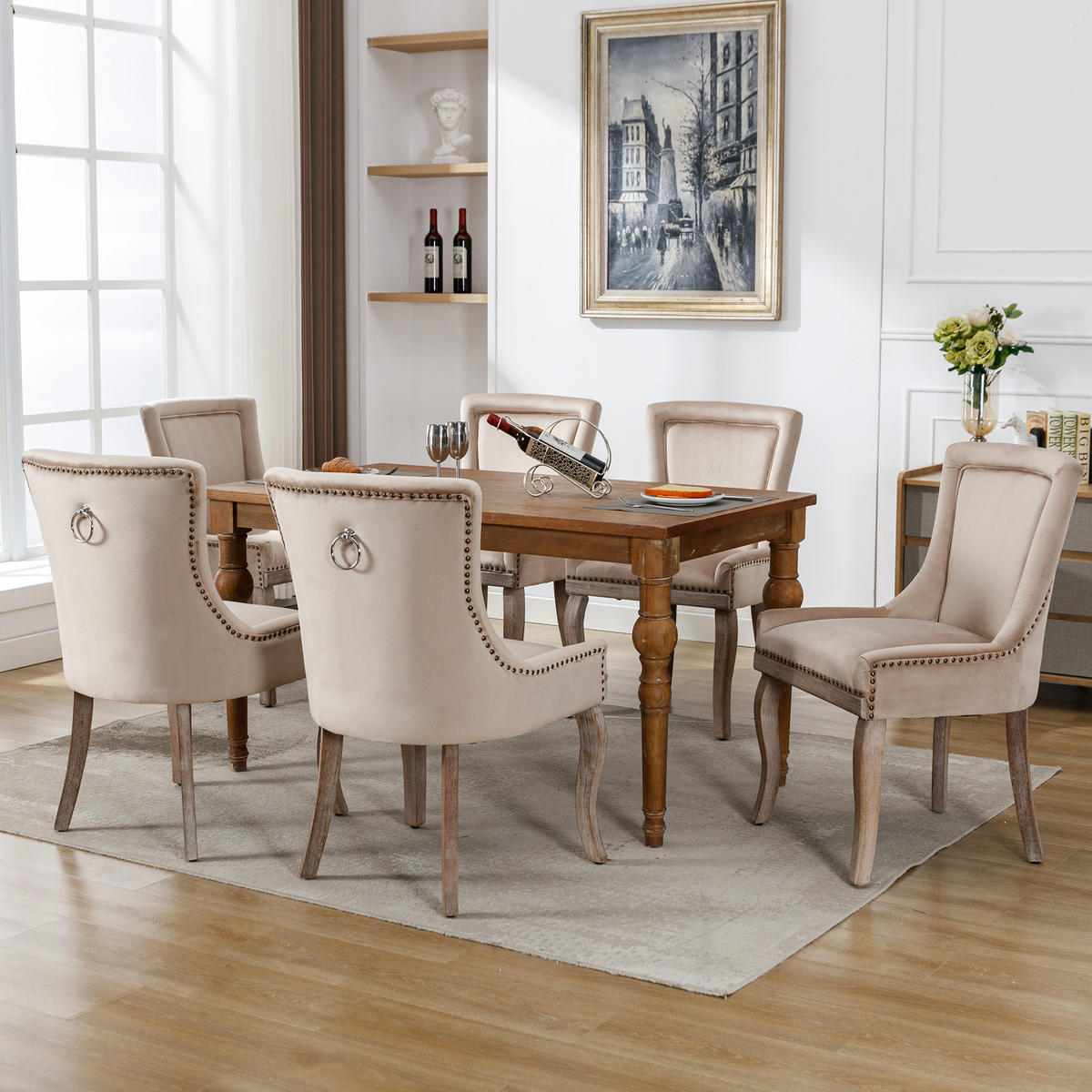STUHL-SET DE-35921 6 Stück mit Nagelkopfbesatz Beige - Beige, Holz (61/91/55cm) - ComfortXL