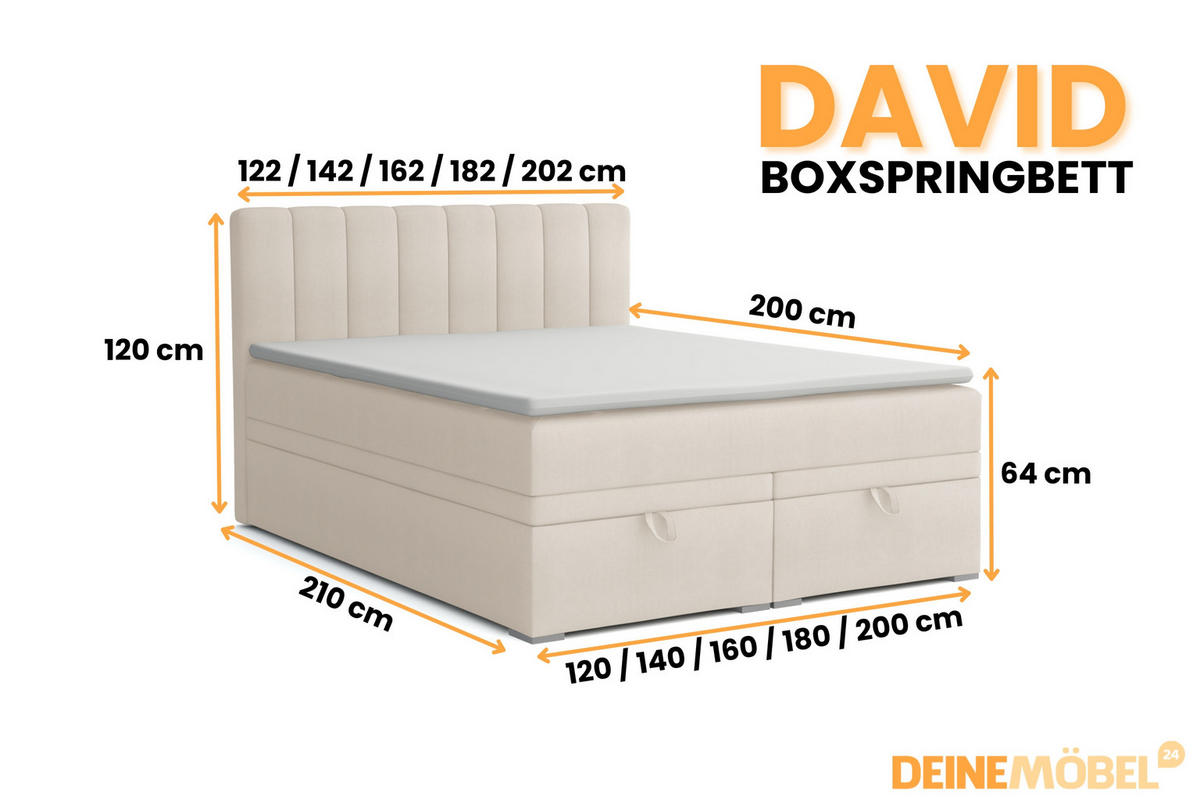 BOXBETT DAVID 140/200 Velour Ecru mit einer Matratze H4 - Ecru, Holz/Holzwerkstoff (140/200cm) - Deine Möbel 24
