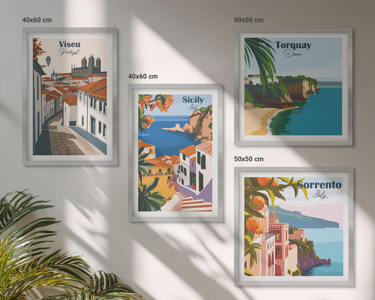 WANDBILDER 4er Set - 50x50 cm & 40x60 cm Silberner Rahmen - Retro-Illustrationen von Weltstädten - Silberfarben, Kunststoff (50/50cm) - ArtPrintCave