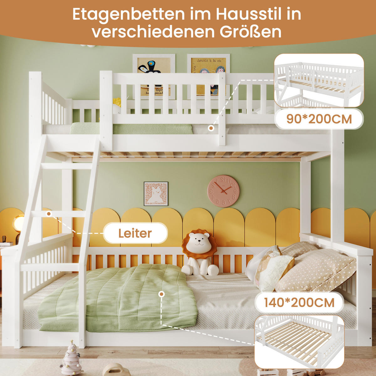 ETAGENBETT 90/200 cm + 140/200 cm aus Kiefernholz mit Leiter und Bettgitter - Weiß, Holz - BEAOK